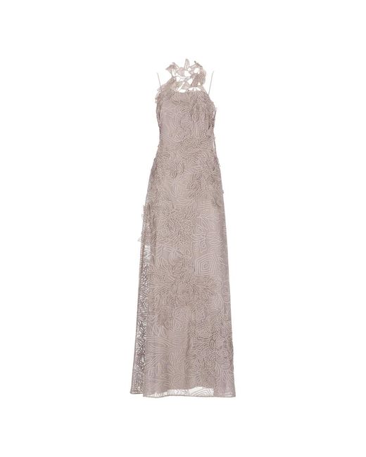 Alberta Ferretti Gray Beiges Spitzenkleid Ärmellos Rundhalsausschnitt