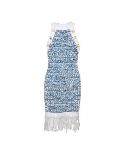 Balmain Blue Kleid aus Denim-Tweed mit Fransen