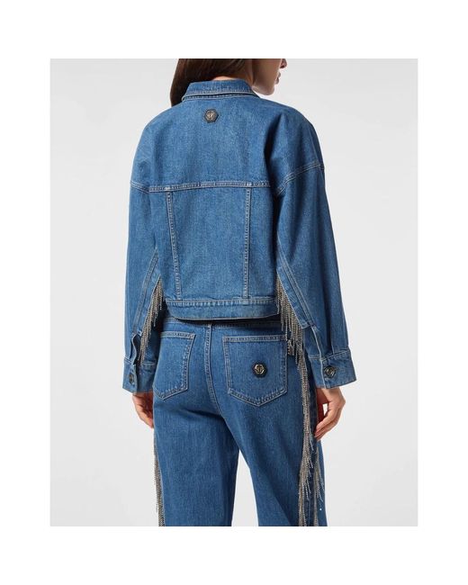 Philipp Plein Jassen ,Blauw ,Denim Denim Cropped Jas Crystal Franjes in het Blue
