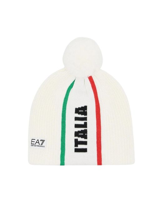 EA7 Accessoires ,Wit ,Wol Italia Team Milano Cortina 2026 Wollen Beanie in het White