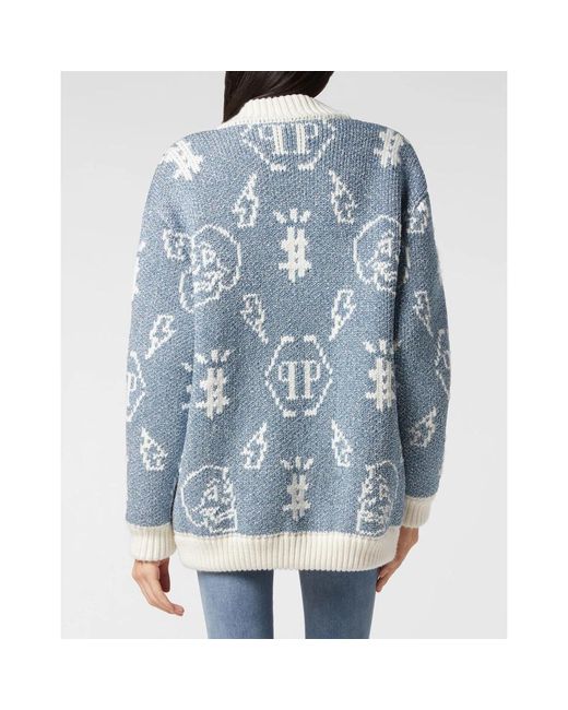 Philipp Plein Truien & Vesten ,Blauw ,Wol Jacquard Cardigan Monogram in het Blue