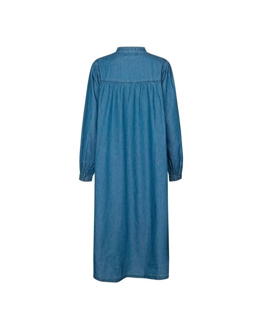 Lolly's Laundry Kleedjes ,Blauw ,Katoen Blauwe Jurk Met Lange Mouwen En Mandarin Kraag in het Blue