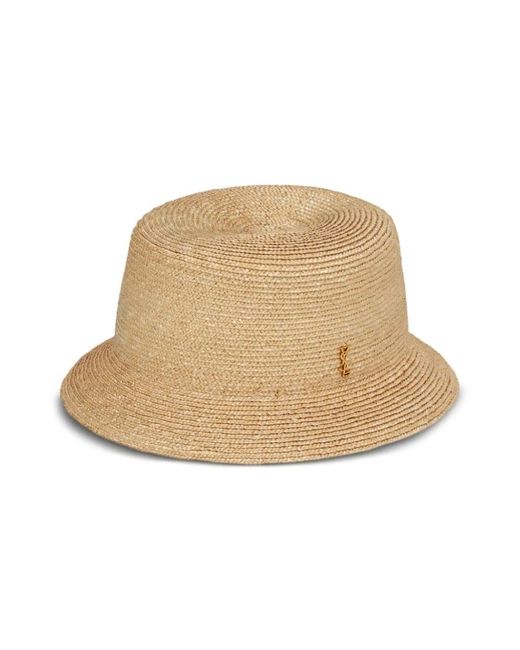Paja marrón logo oro sombrero Saint Laurent de color Natural