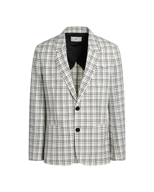 AMI Gray Single-Breasted Cream Check Jacket for men