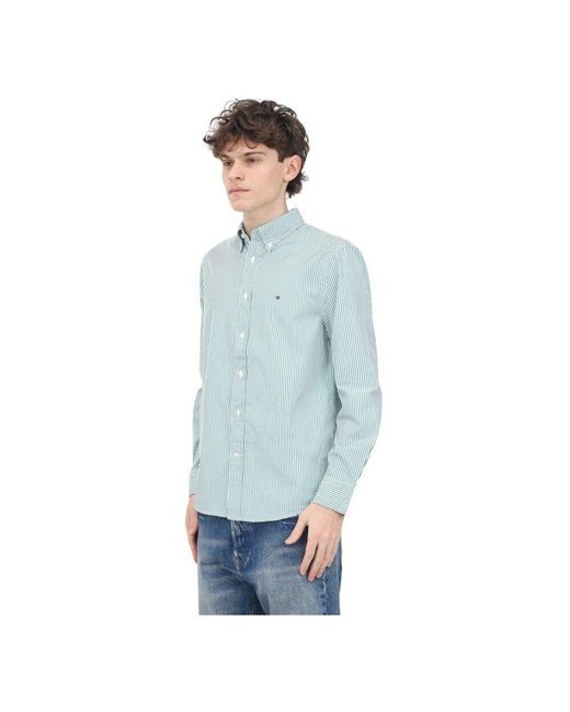 Tommy Hilfiger Grünes gestreiftes langarmhemd in Blue für Herren