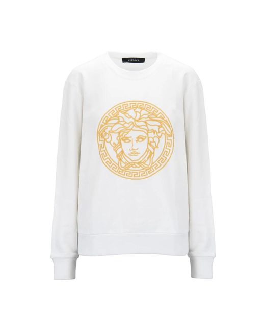 Versace Hoodies & Sweatvesten ,Wit ,Katoen Geborduurde Crewneck Sweatshirt in het White