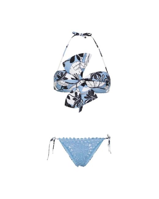 Bikini estampado exótico y crochet Twin Set de color Blue