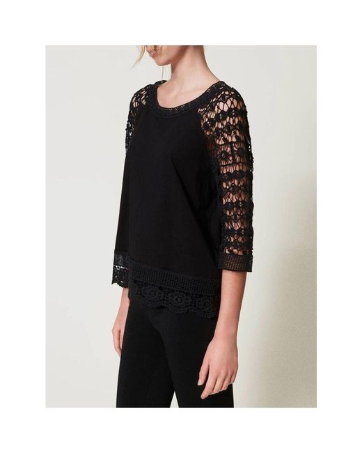 Actitude Black Schwarze Baumwoll-Jersey-Bluse Mit Makramee-Details
