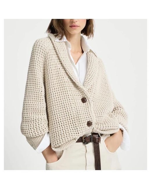 Brunello Cucinelli Truien & Vesten ,Katoen Cotton Feather Yarn Net Cardigan in het White