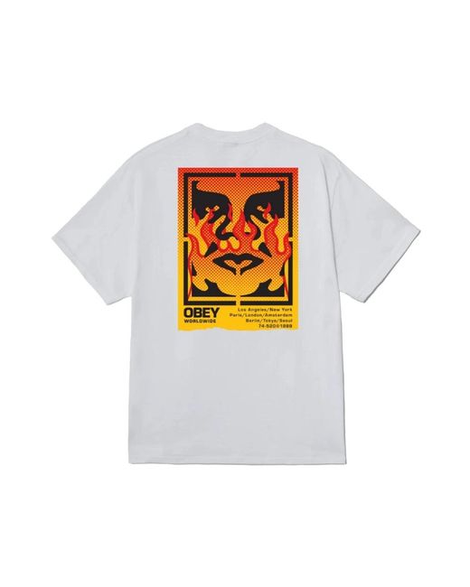 Obey Tops ,Wit ,Katoen Vlam Stencil T-Shirt Katoen Korte Mouw in het White voor heren