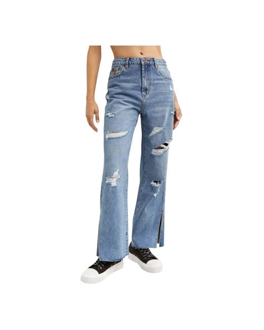 One Teaspoon Jeans ,Blauw ,Katoen Blauwe Distressed Wide Leg Jeans in het Blue