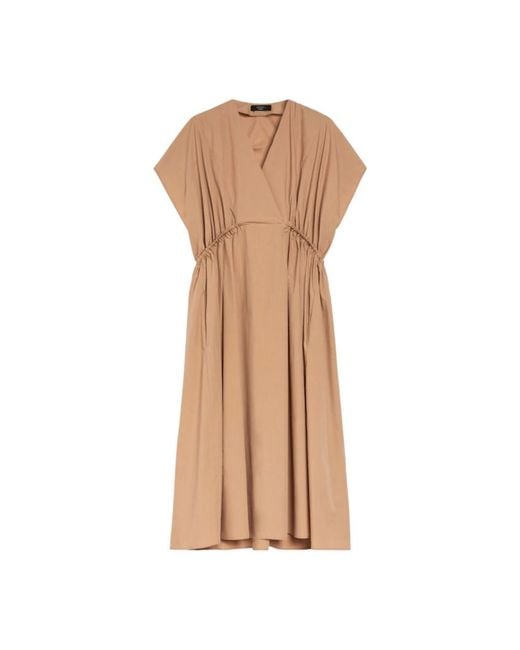 Weekend by Maxmara Natural Braunes Baumwoll-Midi-Kleid Mit V-Ausschnitt