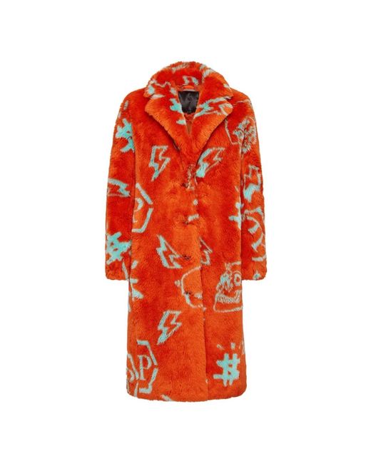 Philipp Plein Jassen ,Oranje ,Polyester Eco Fur Long Coat Monogram in het Red