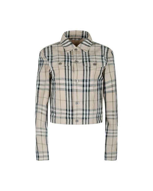 Burberry Jassen ,Denim Check Patterned Cropped Denim Jack in het Gray