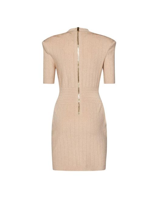 Balmain Natural Rosa Geripptes Strick Minikleid