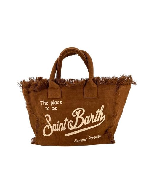 Borsa a spalla con frange in lino di Mc2 Saint Barth in Brown