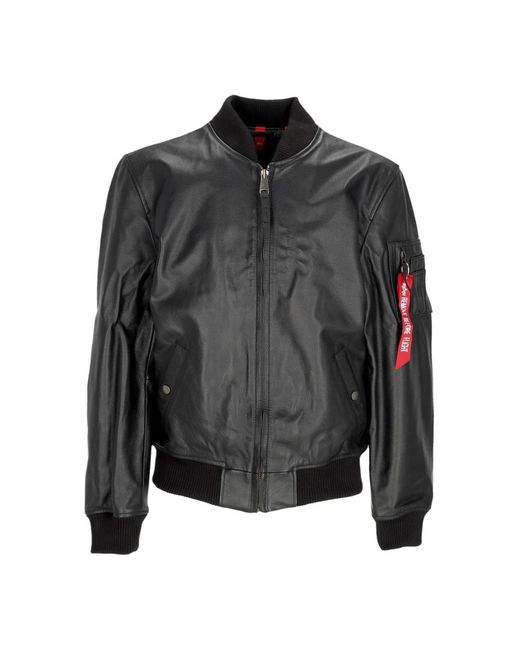 Alpha Industries Jassen ,Zwart ,Leer Zwarte Leren Bomberjack Met Rits in het Black voor heren