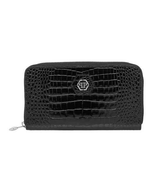 Philipp Plein Accessoires ,Zwart ,Leer Rounded Zip Wallet Cocco Shiny in het Black
