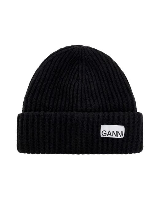 Ganni Accessoires ,Zwart ,Wol Oversized Rib Gebreide Muts in het Black
