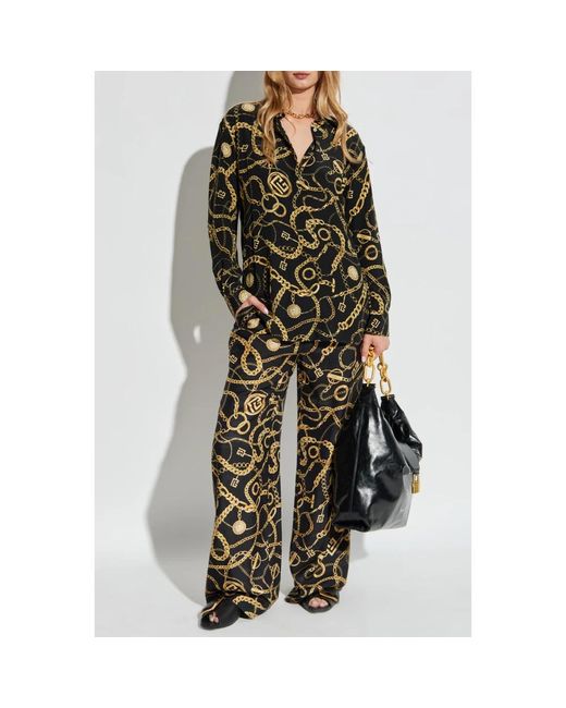 Balmain Overhemden ,Zwart ,Leer Zijden Shirt Met Print in het Green