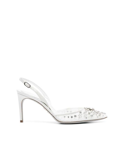 Rene Caovilla White Weiße slingback-schuhe mit kristallverzierung