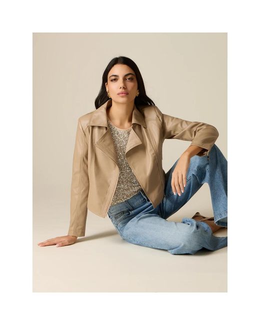 Oltre Jassen ,Polyester Cropped Biker Jacket in het Natural