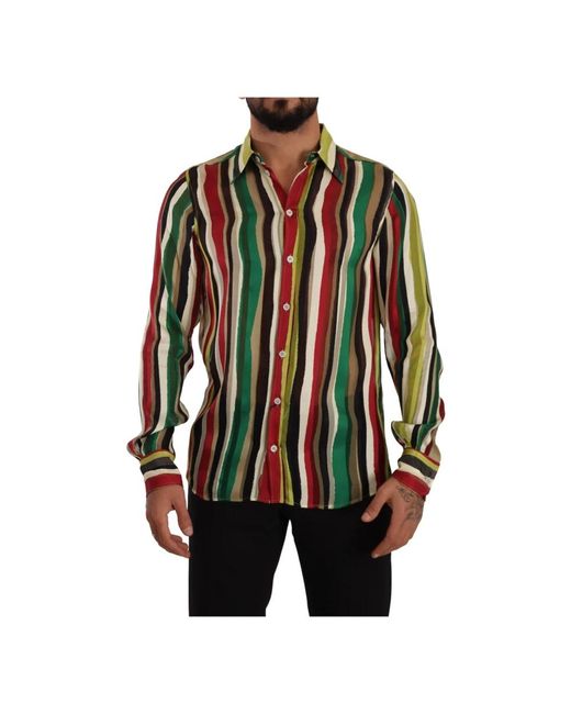 Multicolor striped long sleeve silk shirt di Dolce & Gabbana in Red da Uomo