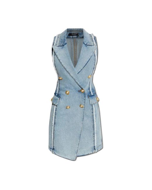 Balmain Blue Denim-Kleid Mit Rohem Finish