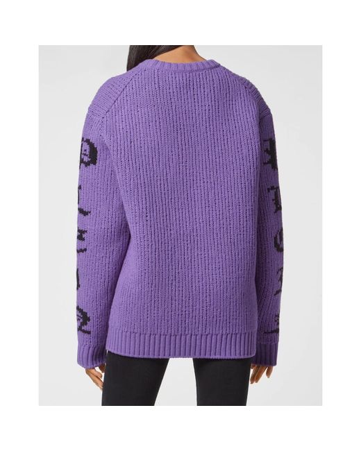 Philipp Plein Purple Round Neck Pullover Ls Skull