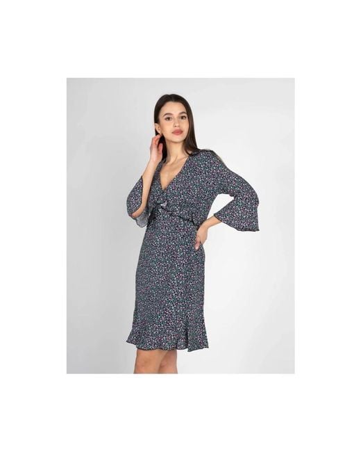 Pinko Blue Blumiges Midi-Kleid mit V-Ausschnitt und Volantärmeln