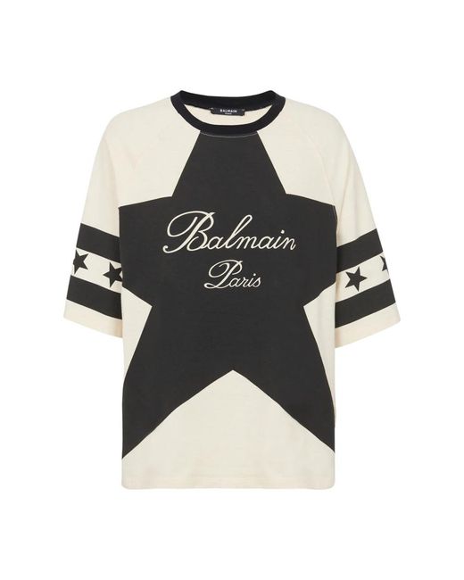 Balmain Black Cropped T-shirt With Star And Logo Prints