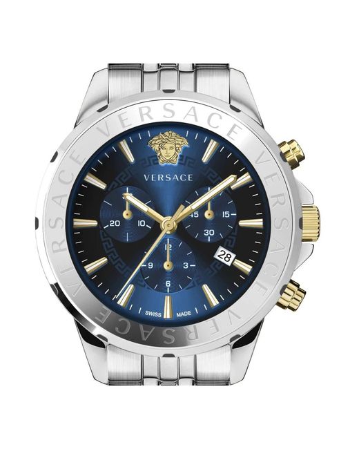 Versace Accessoires ,Grijs Chronograaf Signature Horloge Blauw in het Metallic voor heren