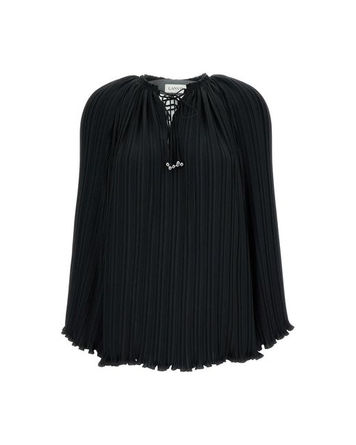 Blusa nera con plissettato e coulisse di Lanvin in Black