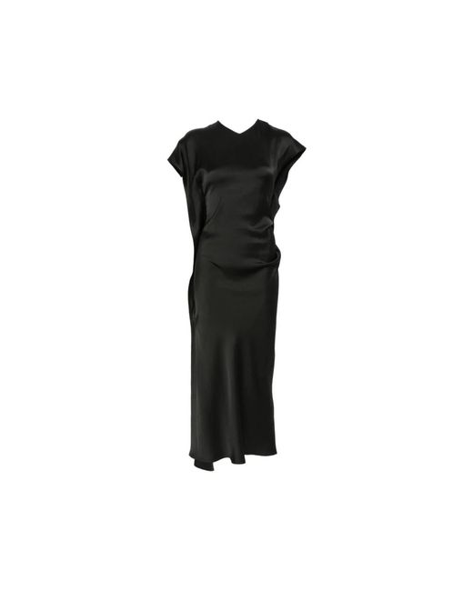 Victoria Beckham Black Draped V-Neck Sleeveless Midi Dress