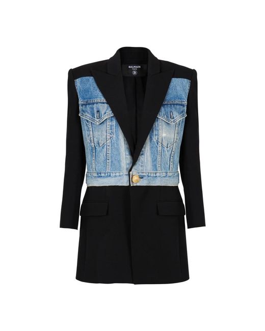 Giacca bimateriale 1 bottone di Balmain in Black