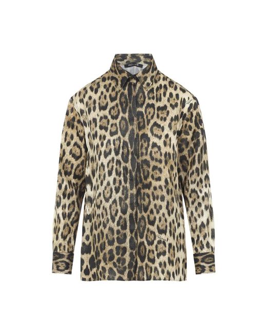 Roberto Cavalli Overhemden ,Veelkleurig ,Polyester Jaguard Print Shirt in het Multicolor