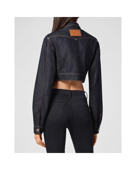 Philipp Plein Denim Cropped Jacket Chains in het Black
