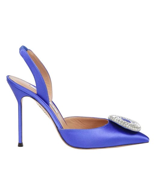 Aquazzura Blue Crystal Hoop Sling 105 Satin Slingback Pumps