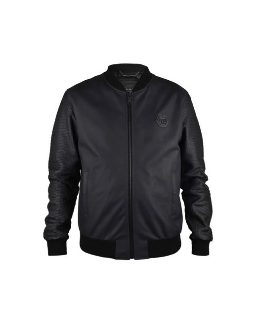 Philipp Plein Jassen ,Zwart ,Leer Python-Effect Leren Bomberjack in het Blue voor heren