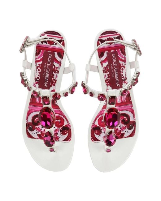 Dolce & Gabbana White Leder sandale mit geometrischem druck und stickerei