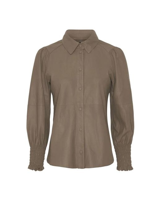 Notyz Overhemden ,Leer Blouse 3/4 Sleeve Skind 100141 in het Brown