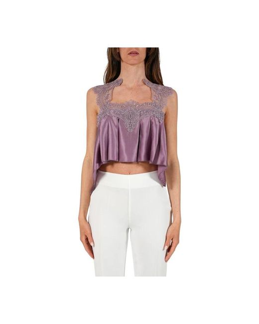 Maurizio Mykonos Purple Elegantes Top Aus Seide Und Spitze