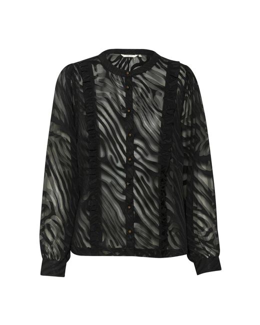 Cream Overhemden ,Zwart ,Zwart Animal Mesh Blouse Met Ruches in het Black