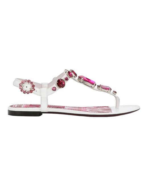 Dolce & Gabbana White Leder sandale mit geometrischem druck und stickerei