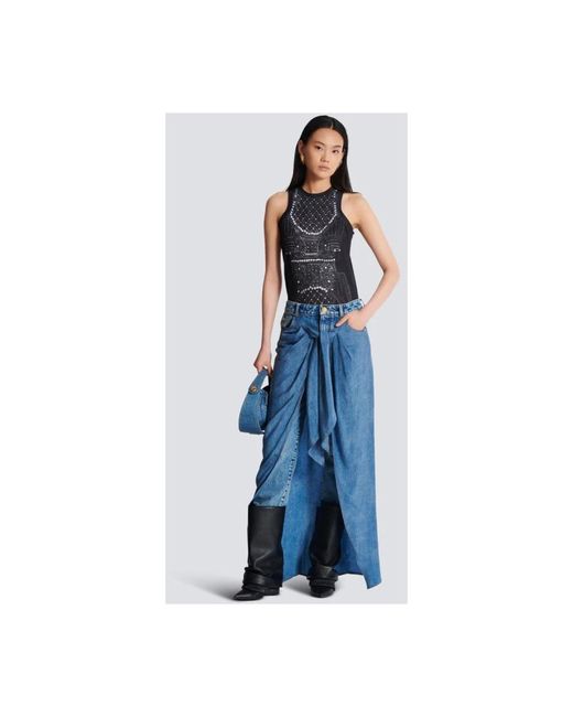 Balmain Rokken ,Blauw ,Denim Blauwe Denim Jeans Met Gedrapeerde Rok in het Blue