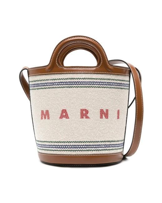 Marni Metallic Lederhandtasche mit kontraststreifen,beige canvas-tasche mit besticktem logo und streifen-detail