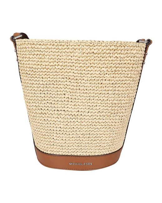 Borsa a secchiello in paglia con dettagli in pelle bianca di Michael Kors in Natural