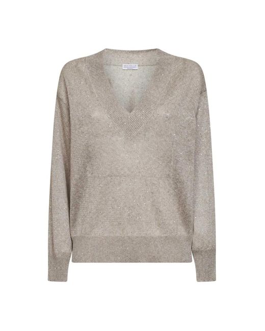 Brunello Cucinelli Gray V-Neck Knitwear