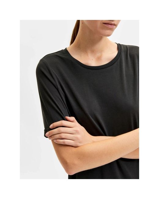 SELECTED Tops ,Zwart ,Polyester Ontspannen Pasvorm Zwarte T-Shirt in het Black