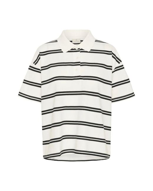 Kaffe White Gestreiftes Polo Tee Top Schwarz Weiß